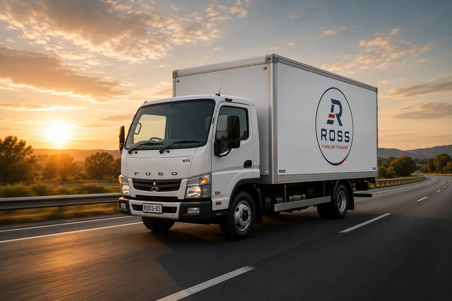 Ross Furniture Transport white commercial truck travelling interstate