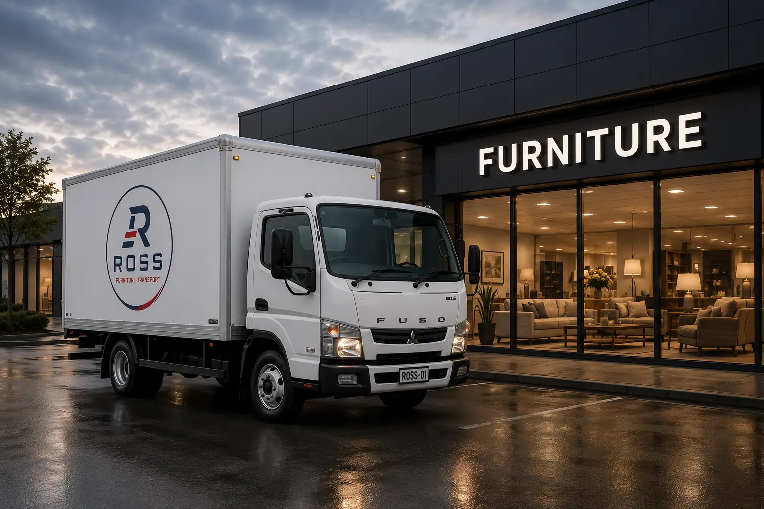 Ross Furniture Transport white commercial truck outside a furniture retailer