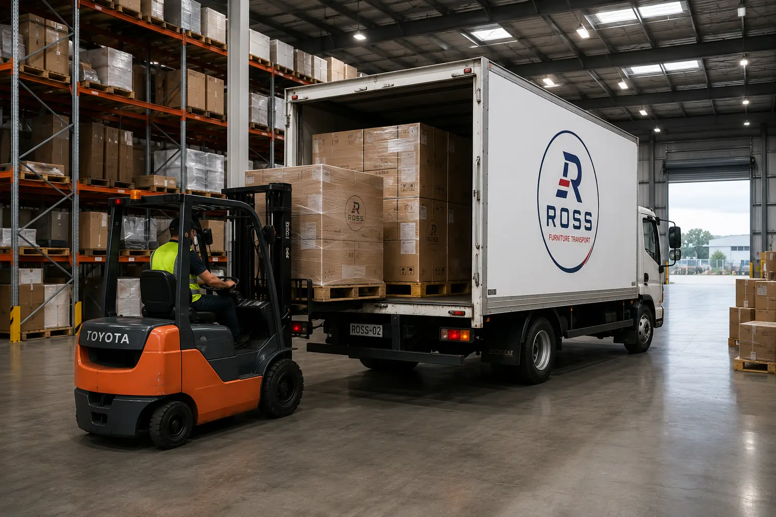 Ross Furniture Transport truck being loaded inside a commercial warehouse